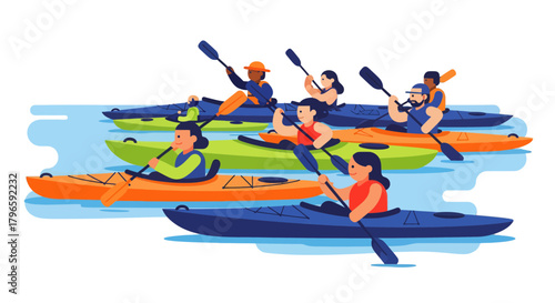 Group Kayaking Adventure on the Water Depicting Recreational Outdoor Activities
