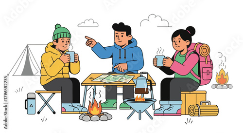Group Of Friends Enjoying Camping Trip Adventure With Coffee and Exploration