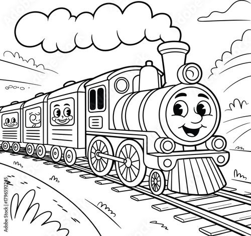 Cartoon train with happy faces on tracks locomotive