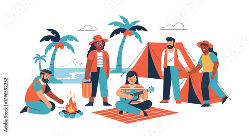 Group Of Friends Enjoying Camping Trip Near The Beach with Music and Bonfire