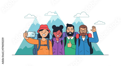 Group Of Adventurers Capturing Memories On Smartphone Experiencing Nature Adventure