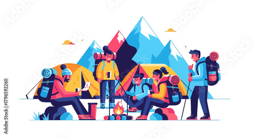 Group Of Adventurers Camping Under the Majestic Mountains enjoying the fresh air