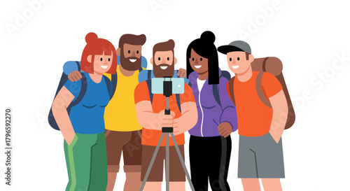 Group Of Adventurers Capturing Memories With Smartphone During Hiking On Mountain Trails