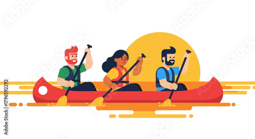 Group Of Friends Enjoying Canoeing Through The Water At Sunset Adventure