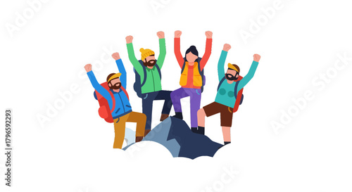 Group Of Adventurers Celebrate Peak Achievement Reaching Summit Together With Exuberance