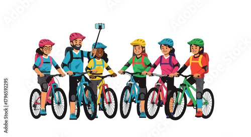 Group Of Friends Enjoying Cycling Adventure and Capturing Memories With Selfie Stick