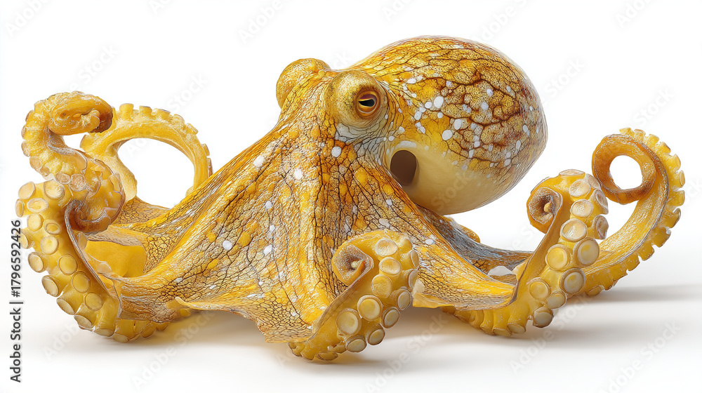 Obraz premium A detailed studio shot of a yellow octopus with curled tentacles on a white background