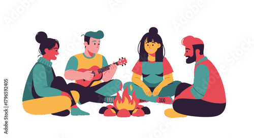 Group Of Friends Enjoying Music Around A Campfire During A Night Under The Stars
