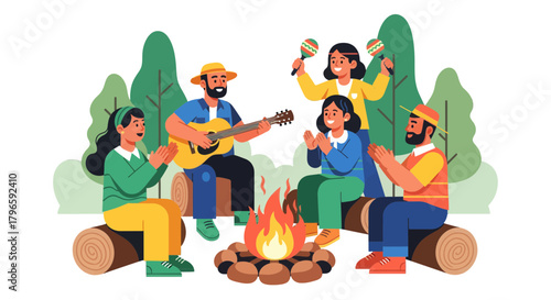 Group Of Friends Enjoying Music Around a Campfire in Forest at Evening