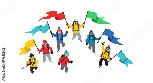 Group Of Adventurers Celebrating Success, Showing Flags, Mountains Climbing And Achievements