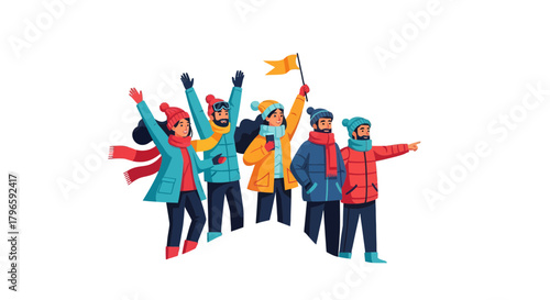 Group Of Adventurers Celebrating Success And Enjoying Winter Expedition Together