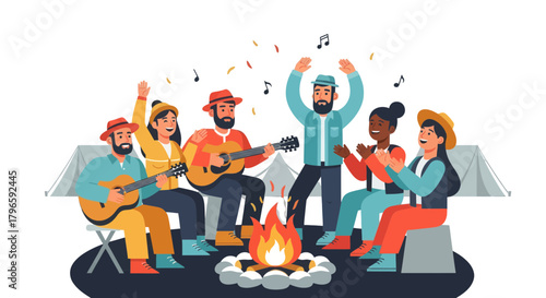 Group Of Friends Enjoying Music Around Campfire During A Night Under The Stars