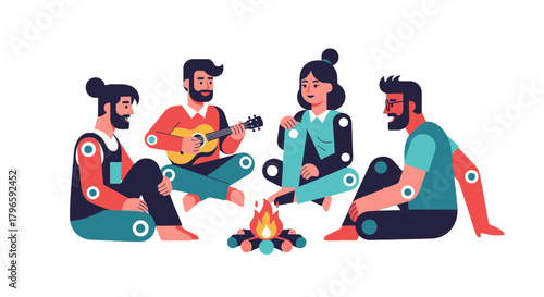 Group Of Friends Enjoying Music Around a Campfire, Creating a Bonding Moment Together
