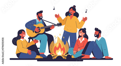 Group Of Friends Enjoying Music Around a Cozy Campfire on a Dark Evening