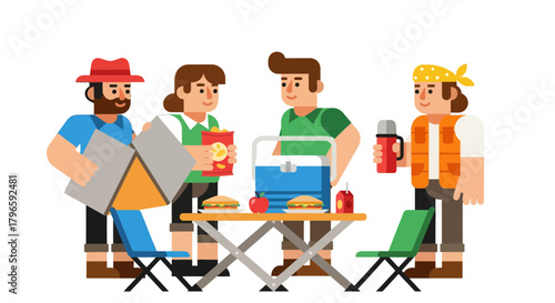 Group Of Friends Enjoying Picnic And Camping Recreation With Food And Drink Items