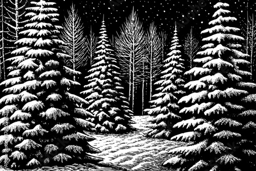 silent snowy forest, illuminating pine silhouettes and transforming the cold landscape into a magical night scene