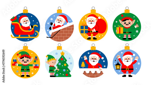 Festive Ornament Collection: A delightful assortment of colorful ornaments, each featuring jolly characters like santa and elves, brings holiday cheer and joy.