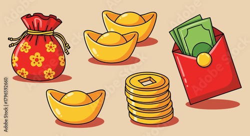 Traditional Chinese New Year Wealth Symbols Money Bag Gold Ingots Coins and Red Envelope.