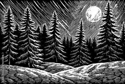 silent snowy forest, illuminating pine silhouettes and transforming the cold landscape into a magical night scene