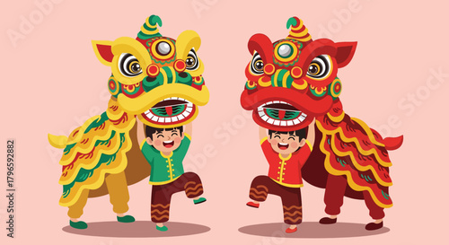 Two vibrant Chinese lion dance costumes with performers in festive attire.