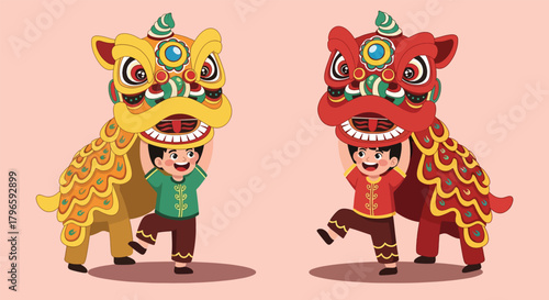 Two vibrant Chinese lion dance costumes each operated by a child performer in a celebratory display.