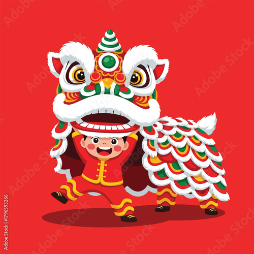 Vibrant Chinese Lion Dance Performed by a Joyful Child in Traditional Costume.