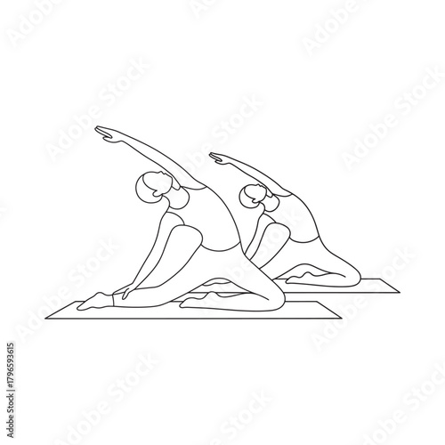 Two figures performing a seated side bend yoga pose illustration
