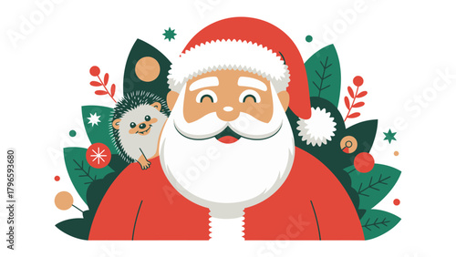 Santa's Holiday Harmony: A festive scene where santa and adorable hedgehog are happily embracing the joyous holiday season, sharing a bond of warmth and friendship amidst the festive cheer.