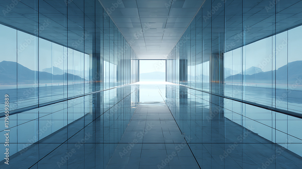 Fototapeta premium Modern glass corridor reflecting distant mountains and water reflection interior