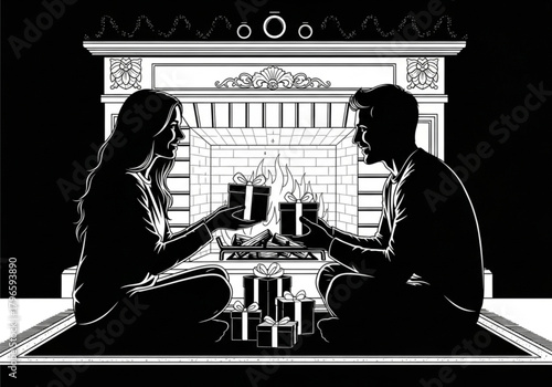 Silhouette of a romantic couple sitting on the floor toasting with drinks.