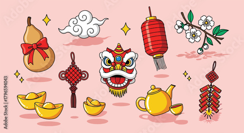 Vibrant Chinese New Year Decorations and Symbols Collection.