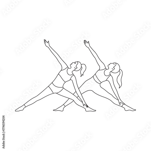 Two women practicing triangle pose in yoga line drawing