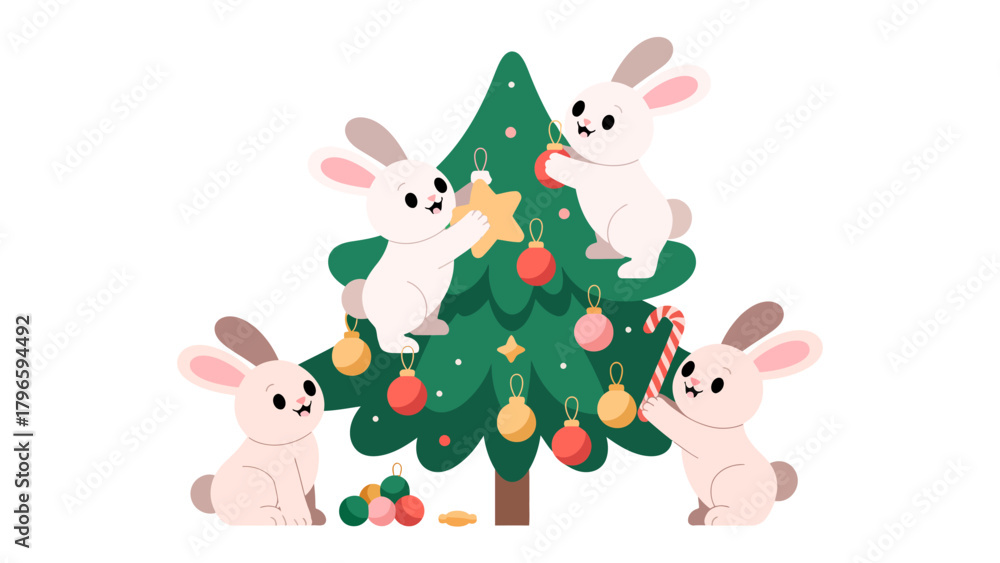 Fototapeta premium Festive Bunnies Deck the Halls: A quartet of adorable bunnies, filled with Christmas cheer, collaboratively adorn a vibrant, decorated Christmas tree, evoking the spirit of the holidays.