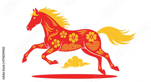 Vibrant Red and Yellow Decorative Horse Illustration with Floral and Cloud Motifs.