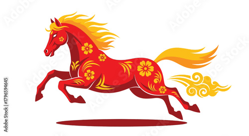 Vibrant Red Horse with Golden Floral Ornaments Galloping.