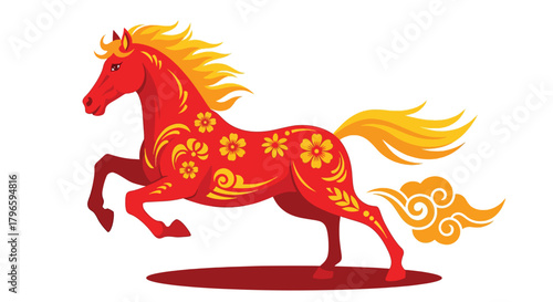Vibrant Red Horse with Golden Mane and Tail Decorated with Floral Patterns.