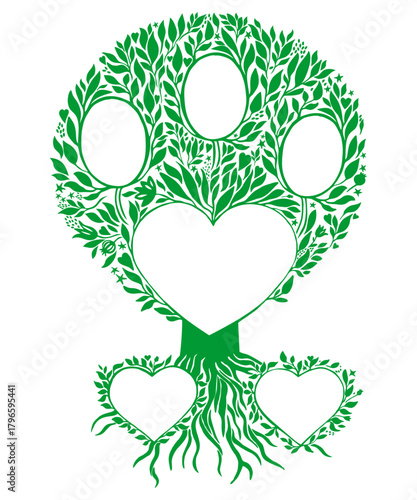 Family genealogic tree. Parents and grandparents, children.  Genealogy, pedigree.  Cartoon character. Family tree with portraits and place for text.  Family Tree template vector illustration