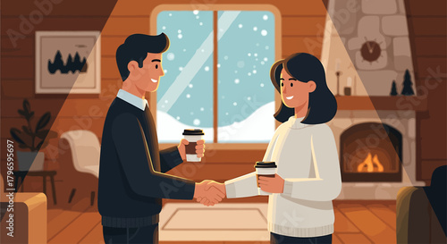 A flat design vector illustration depicting a professional networking event inside a warm winter lodge, characteristic of a film festival in a snowy location. 