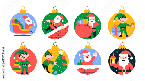 Festive Ornaments of Yuletide Cheer: A vibrant illustration showcasing eight unique christmas ornaments with santa claus and elf illustrations, spreading holiday cheer and the magic of christmas.