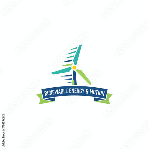 A colorful logo depicting a wind turbine with blades and text below on a blue banner