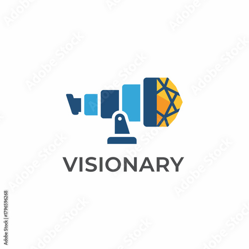 A geometric illustration of a telescope, featuring blue, yellow, and orange hues with the word "Visionary