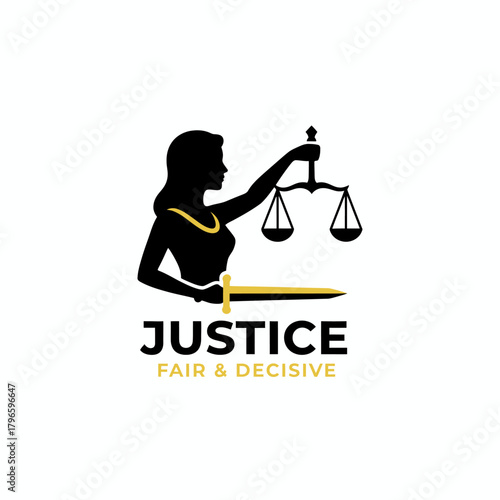 Black silhouette of a figure holding scales and a sword, the word JUSTICE and "FAIR & DECISIVE" below it