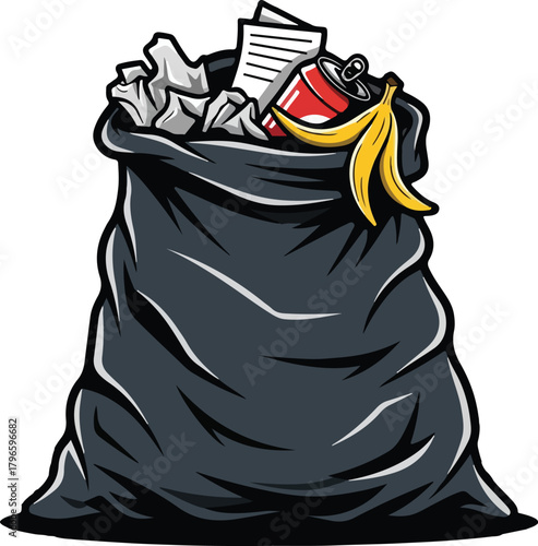A black garbage bag overflowing with crumpled paper, a soda can, and a banana peel.