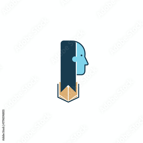 A stylized illustration features a head above a bookmark-like element atop an open book