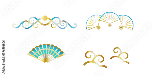 Collection of elegant decorative elements featuring golden fans and swirling ornamental borders with blue accents