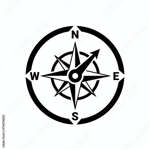 Black and white compass showing north, south, east, and west directions. It has an arrow pointing right
