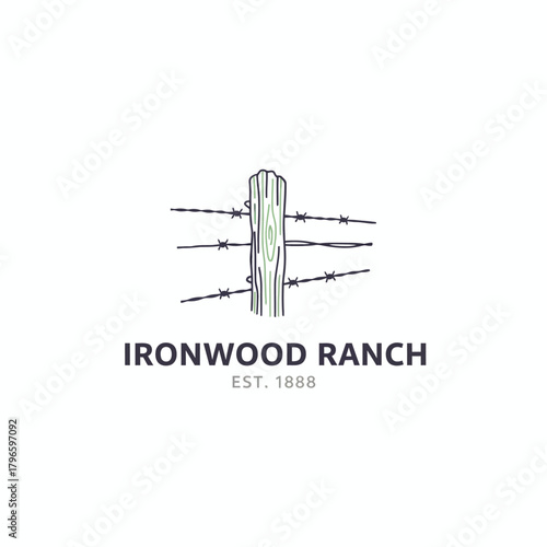 A rustic illustration featuring a wooden fence post with barbed wire, and simple lettering