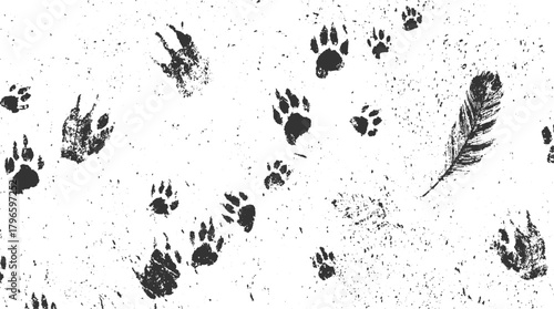 Black animal paw prints and feather scattered on textured white background track footprint