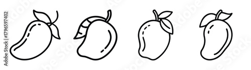 Four hand-drawn outline mango illustrations with leaves simple fruit drawings for design