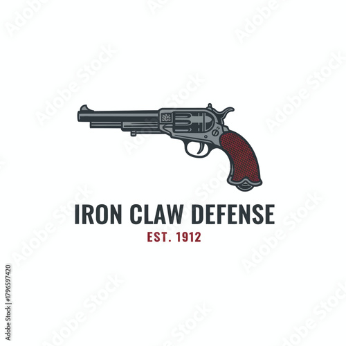 A detailed illustration of a revolver, with text underneath.  A red patterned grip is visible